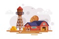 Farm Scene with Red Barn and Wooden Water Tower at Autumn Rural Landscape, Agriculture and Farming Concept Cartoon Royalty Free Stock Photo