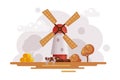 Farm Scene with Vintage Windmill at Autumn Rural Landscape, Agriculture and Farming Concept Cartoon Vector Illustration