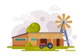 Farm Scene with Wooden Barn, Windmill Water Pump and Tractor at Rural Landscape, Agriculture and Farming Concept Cartoon Royalty Free Stock Photo