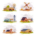 Farm Scenes Set, Country Buildings and Objects at Rural Landscape, Agriculture and Farming Concept Cartoon Vector Royalty Free Stock Photo