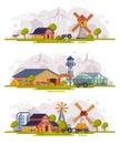 Farm Scenes Set, Rural Buildings and Agricultural Objects, Agriculture and Farming Concept Cartoon Vector Illustration Royalty Free Stock Photo