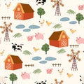 Farm Seamless childish pattern with farm house, pigs, tree and windmill.