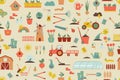 Farm seamless pattern of agriculture. Plants and gardening tools. Plant planting and plant care. Flower business. Agricultural