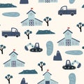 Farm Seamless Pattern. Background with Houses, tractors, trees, mountains and lakes.