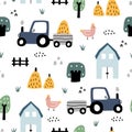 Farm seamless pattern Lovely landscape background with car tractors and houses. Hand drawn design in cartoon style