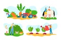 Farm set with animal, cartoon agriculture farming vector illustration. Cartoon farmer man woman people pick plant, make