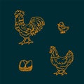 Farm set barnyard. Hen, chicken, cock, eggs painted doodle. Poultry line for banner design.