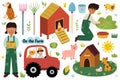 On the farm set with cute animals and kids farmers. Countryside life elements collection Royalty Free Stock Photo
