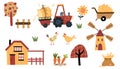 Farm set. Rural houses, windmill, tractor with hay, chickens, trees and crops. Agriculture collection, rural elements. Royalty Free Stock Photo