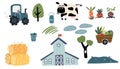 Farm set. Rural houses, windmill, tractor, hay, cow, trees and crops. Agriculture collection, rural elements. Royalty Free Stock Photo