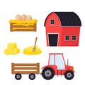 Farm set with tractor, hay stack with pitchfork, wooden box with eggs and red building in cartoon style isolated on white Royalty Free Stock Photo