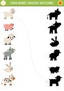 Farm shadow matching activity with baby animals. Country village puzzle with cute calf, piglet, lamb, kid goat. Find correct Royalty Free Stock Photo