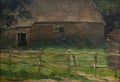 A farm shed behind a fence, painting by Piet Mondrian