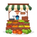 Farm shop. Local stall market. Selling vegetables. Cartoon vector illustration.