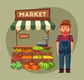 Farm shop. Local stall market. Selling vegetables. Cartoon vector illustration.