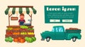 Farm shop. Local stall market. Selling vegetables. Cartoon vector illustration. Royalty Free Stock Photo