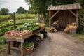 farm stand with baskets of freshly picked produce, ready for customers