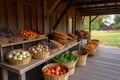 farm stand with baskets of freshly picked produce, ready for customers