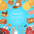 Farm stuff and agribusiness background. Bannner with cartoon farm equipment, food and animals vector illustration