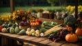 AI generated illustration of a rustic wooden table displaying an array of fresh seasonal vegetables