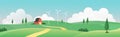 Farm summer wide panorama landscape vector illustration. Cartoon farmland countryside background scene with farmer house Royalty Free Stock Photo