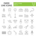 Farm thin line icon set, agriculture symbols collection, vector sketches, logo illustrations, gardening signs linear