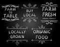 `Farm to table` `buy local` `farm fresh` `locally grown` `organic food`. Typography elements. VECTOR vignettes on black