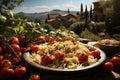 Farm-to-table rustic pasta and tomatoes, a countryside Italian feast