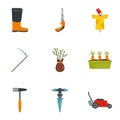 Farm tool icon set, flat style