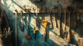 Farm tools on wall, realistic, cinematic light, sharp focus. Royalty Free Stock Photo