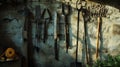 Farm tools on wall, realistic, cinematic light, sharp focus. Royalty Free Stock Photo