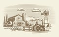 Farm with tractor and barn in vintage style Royalty Free Stock Photo