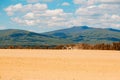 Farm tractor drives in field Royalty Free Stock Photo