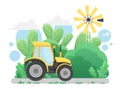 Farm tractor driving on countryside road in rural landscape, country rural scenery