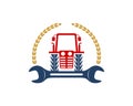 Farm tractor with repair wrench and circular wheat Royalty Free Stock Photo