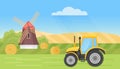 Farm tractor in summer village landscape, countryside scene with mills, haystacks, fields Royalty Free Stock Photo