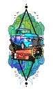 Farm Tractor Truck Weeping Willow Tree, Watercolour Tattoo Illustration