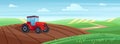 Farm tractor in village landscape, agricultural machine working in wheat field on hills spring time Royalty Free Stock Photo