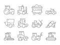 Farm transport. Agricultural heavy machines bulldozer harvester tractor vector linear symbols isolated