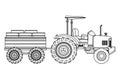 Farm truck tractor and trailer black and white Royalty Free Stock Photo