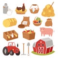 Farm vector tools and symbols house, traktor cartoon farming village symbols animal and vegetables agriculture farmland