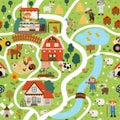 Farm village map seamless pattern. Country life repeat background. Vector digital paper with rural area scenes, animals, children Royalty Free Stock Photo