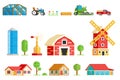 Farm Village Rural Buildings Machinery Trees Icons Royalty Free Stock Photo