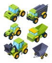 Farm or village various transport. Isometric pictures set of agriculture machines