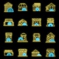 Farm water mill icons set vector neon