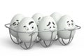 Farm white egg with expressions and funny face in metal wire tray or cardboard Royalty Free Stock Photo