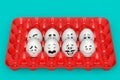 Farm white egg with expressions and funny face in plastic tray or cardboard Royalty Free Stock Photo