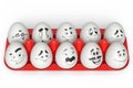 Farm white egg with expressions and funny face in plastic tray or cardboard Royalty Free Stock Photo