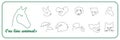 Farm and wild animals one line icons set. Horse, panda, dolphin, pig, eagle, koala, cat, rabbit, squirrel drawings in outline, Royalty Free Stock Photo