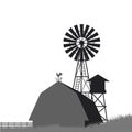Farm windmill, barn, fence, house